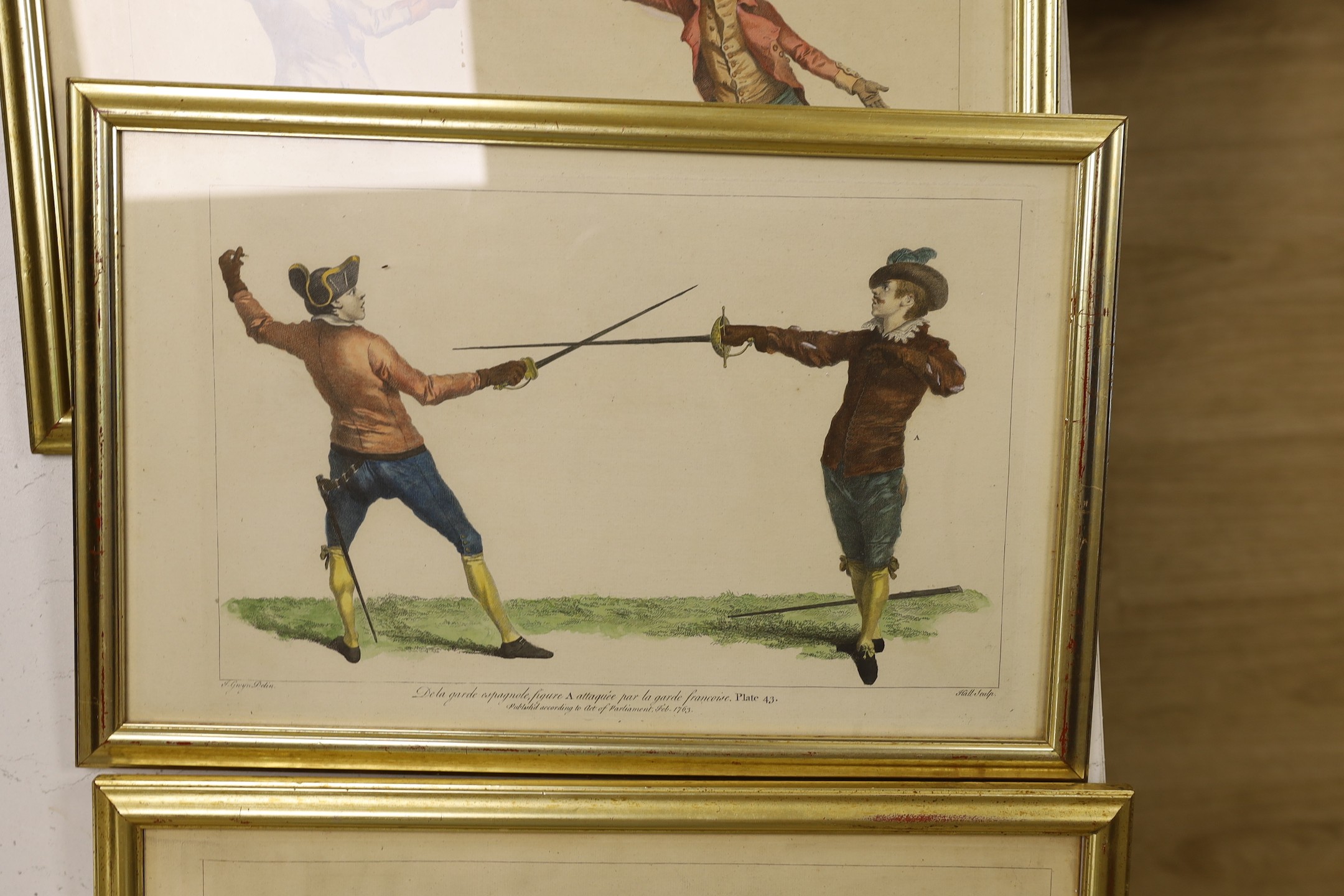 James Gwyn, Six 18th century hand coloured engravings of fencing, publ. 1763, 28 x 44cm